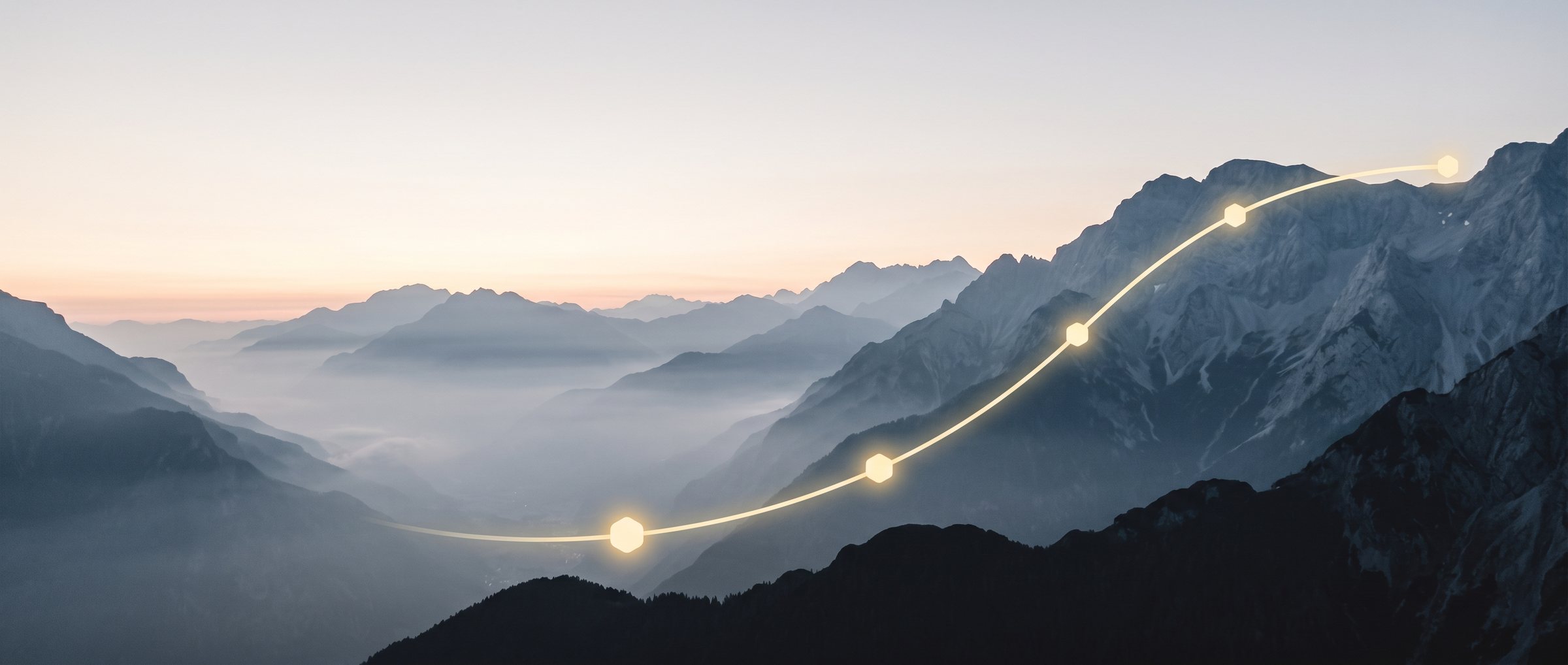 A glowing path climbing through misty mountains toward the summit at dawn